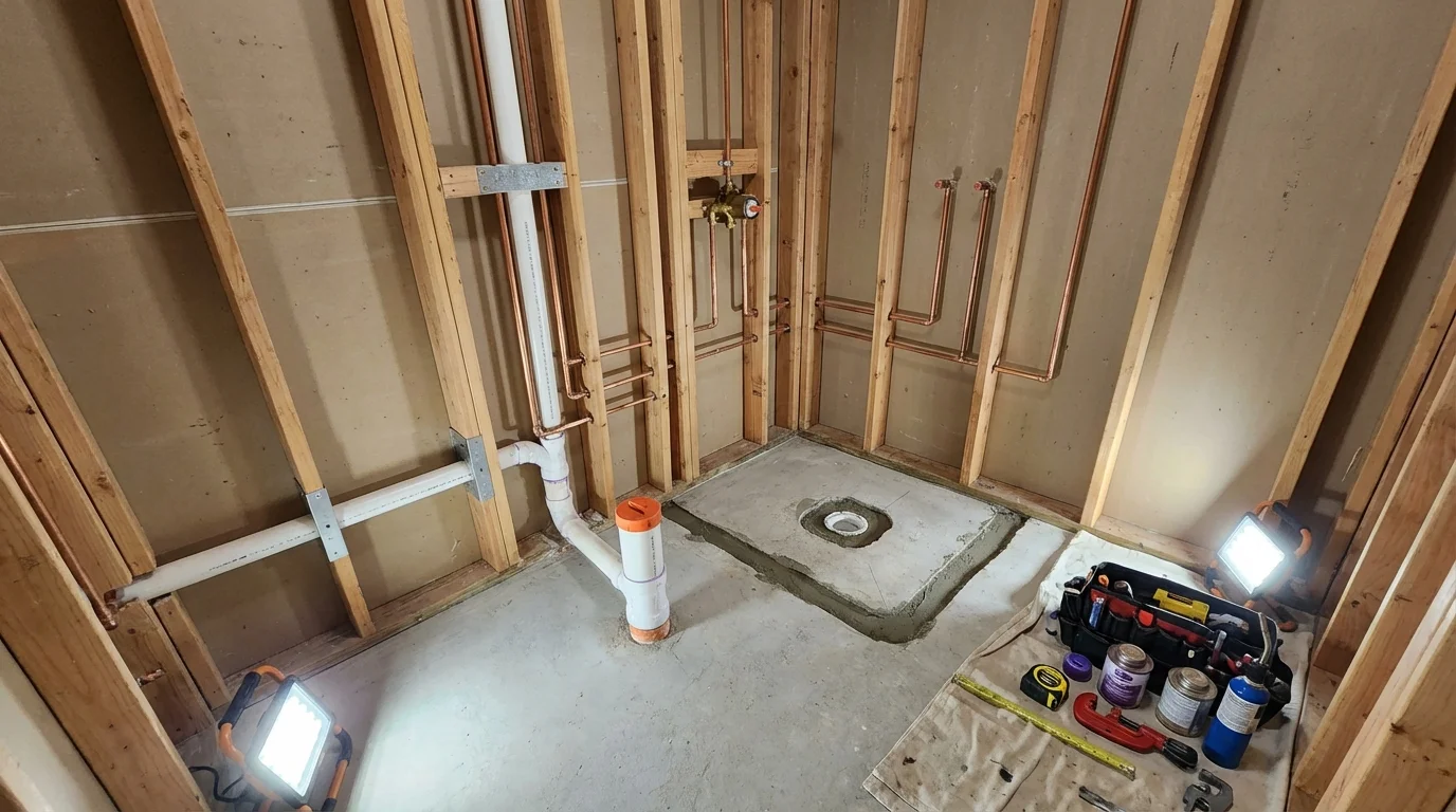 Bathroom rough-in plumbing during remodel by Johns Plumbing LLC in Derry