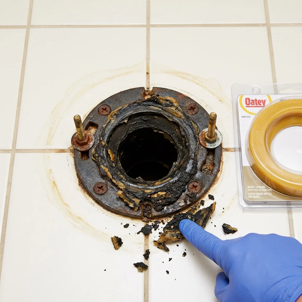 Failed wax ring showing water seepage at the base of a toilet in a Derry, NH home