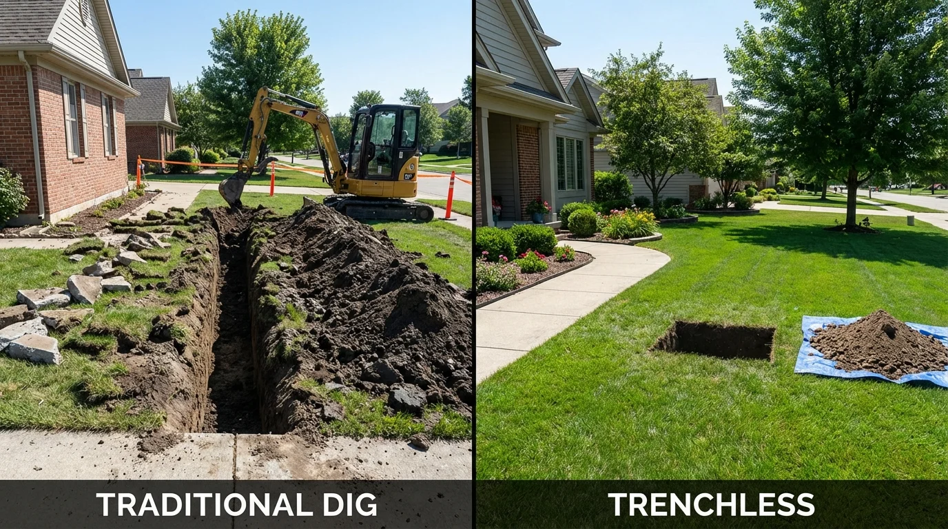 Trenchless sewer repair with minimal yard damage versus traditional excavation in Derry, NH