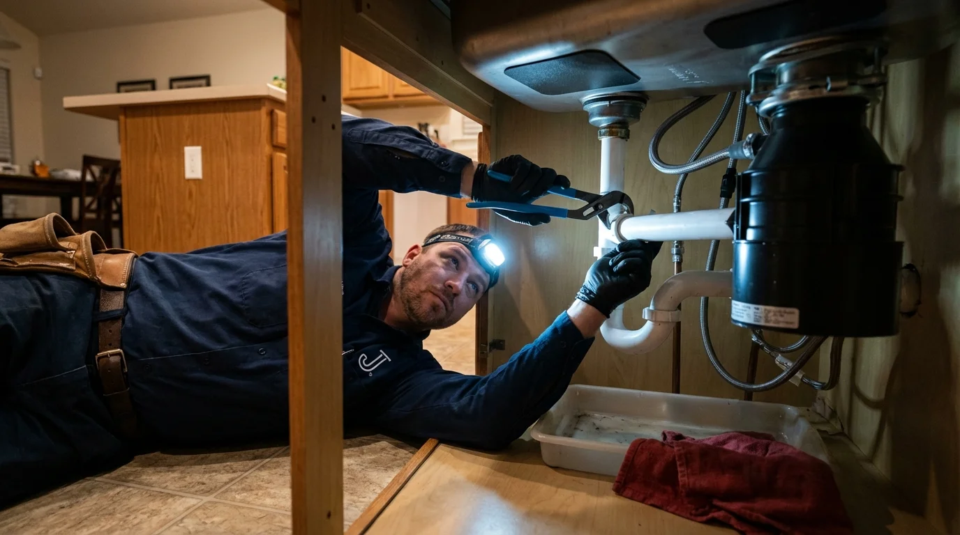 P-trap and supply line connections under a kitchen sink showing a common leak point in Derry, NH